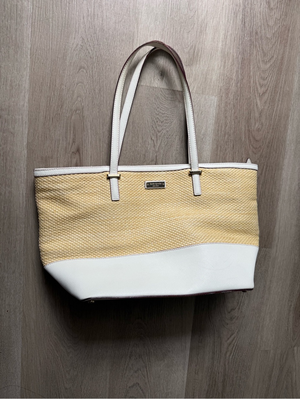 Kate Spade Yellow Straw and White leather-Trim Tote